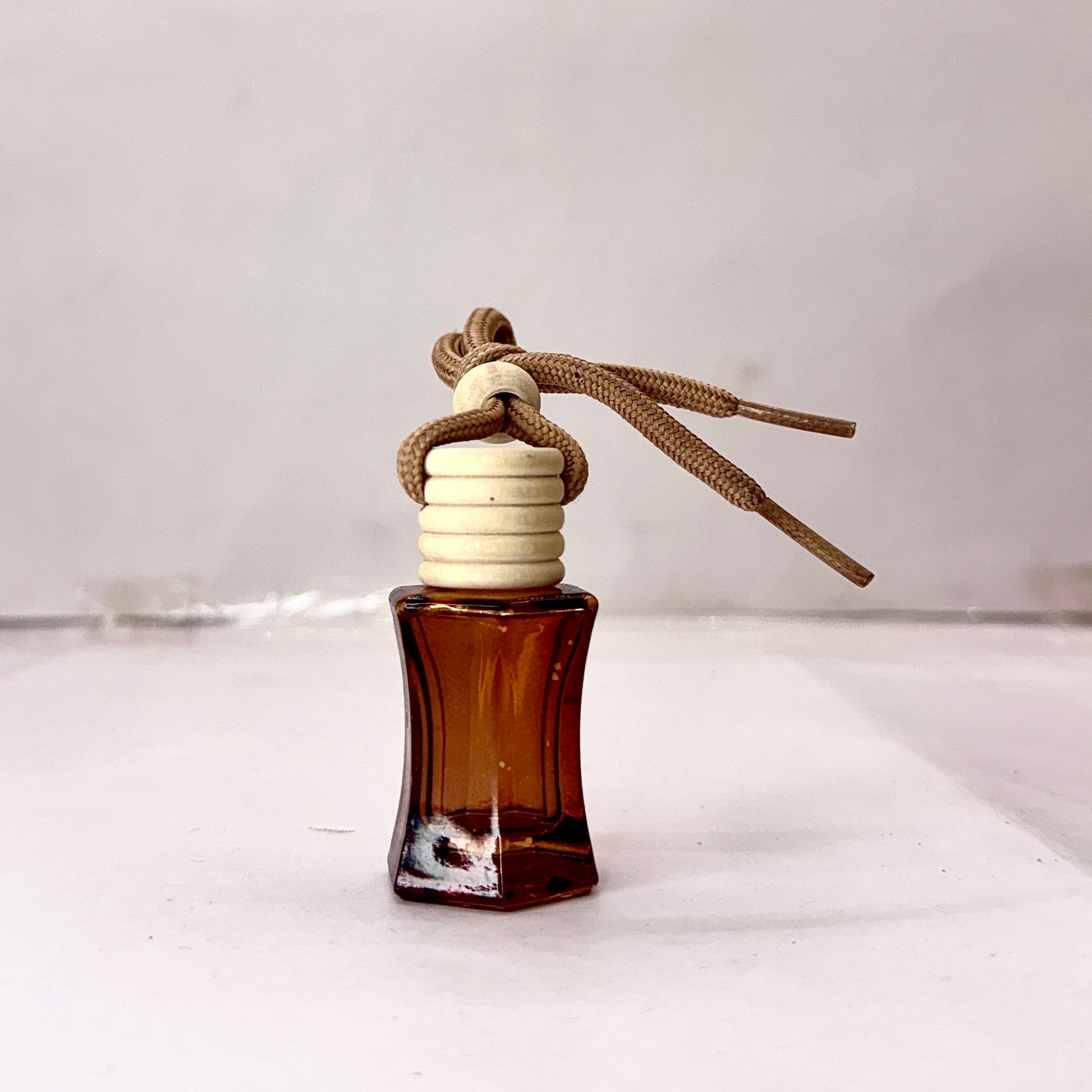 Curved Square Car Air Freshener in Glass Bottle - Aroma Hanging Car Perfume with Wooden Diffuser Cap  