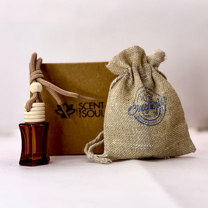 Curved Square Car Air Freshener in Glass Bottle comes with a jute bag and premium box